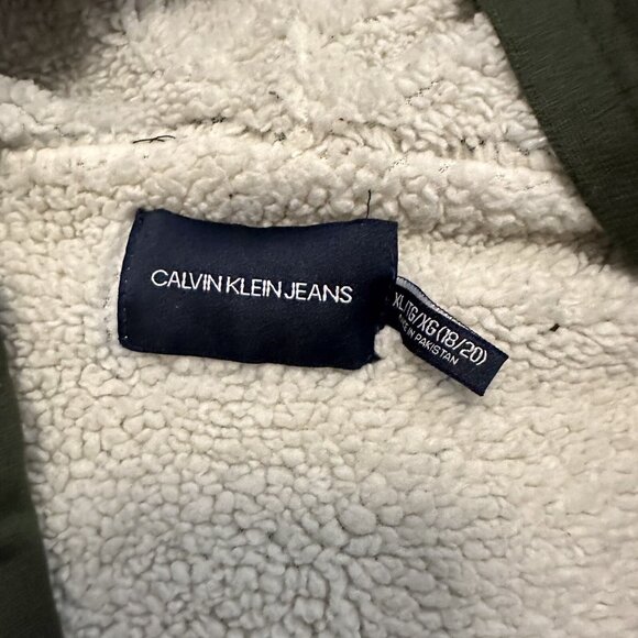 Calvin Klein Boys Hooded Jacket XL 18/20 Green Sherpa Lined Full Zip Logo Coat - Picture 8 of 10